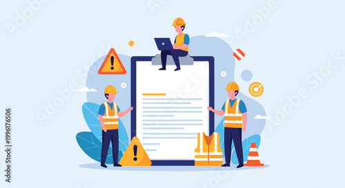 Construction workers or engineers standing around giant clipboard with check list or document for industrial project management concept.