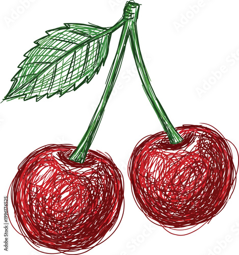 Hand-drawn sketchy red cherries with green leaf isolated on white