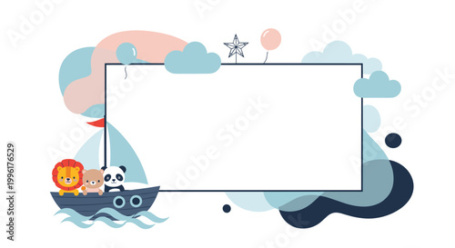 Cute animals including lion bear and panda sailing on boat with blank frame for children photo or message template on white background.