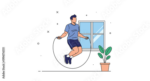 Man skipping rope for cardio workout at home near window with potted plant for healthy lifestyle and fitness at home concept.