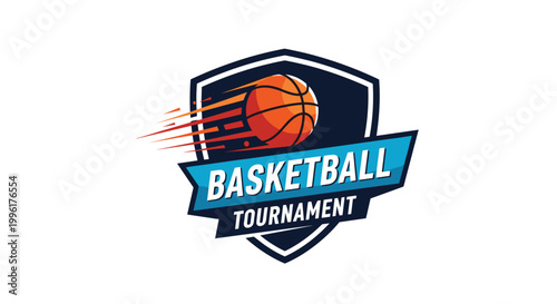 Basketball tournament logo design with flaming ball and shield for sport competition or team identity on white background.