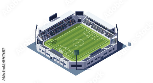 Isometric football stadium illustration with green pitch spectator stands and floodlights for sports arena and match day concept.