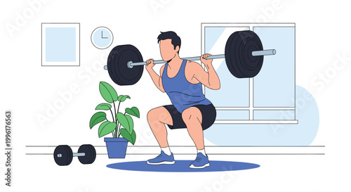 Man performing barbell squats for strength training at home with clock and plant in flat design style for home fitness concept.