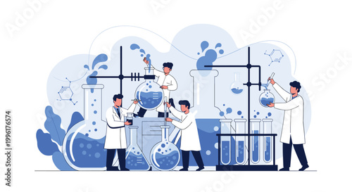 Group of scientists conducting experiments with glassware and chemicals in laboratory for research and development concept.