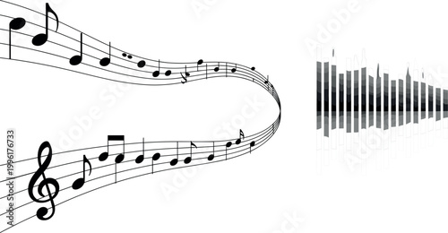 Abstract music notes on wavy staff with digital sound wave equalizer bars for audio production recording studio concert poster and musical education vector design.