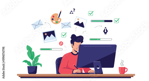 Creative professional working on computer with various design and art related icons for digital media and freelancer concept.