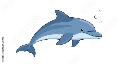 Friendly blue dolphin swimming gracefully while blowing air bubbles underwater isolated on a clean white background for easy editing.