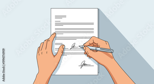 Close up view of hands signing a formal legal document with a pen on a white desk surface in a professional setting.
