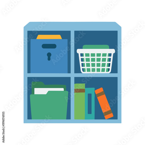 Organized office supplies storage shelf.