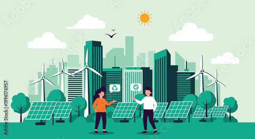 Sustainable city concept featuring wind turbines solar panels and green spaces with people discussing renewable energy solutions.