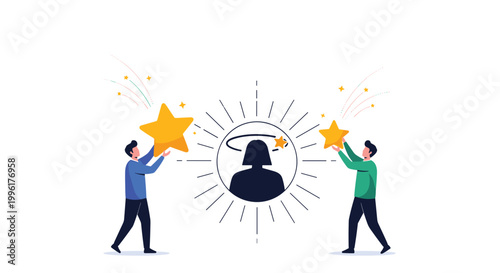 Two people presenting bright yellow stars to a central figure symbolizing customer feedback and excellent service ratings.