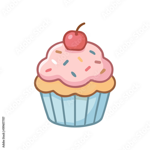 Colorful cupcake with pink frosting cherry.