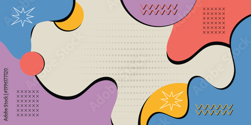 Retro Memphis Abstract Background with Organic Shapes and Minimal Geometric Elements, Colorful 90s Style Decorative Pattern Vector Illustration