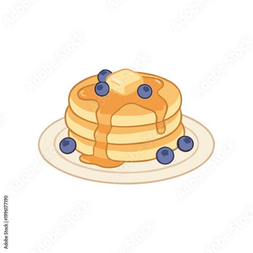Stack of pancakes with syrup blueberries.