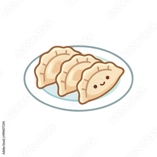 Cartoon dumplings on a plate smiling.