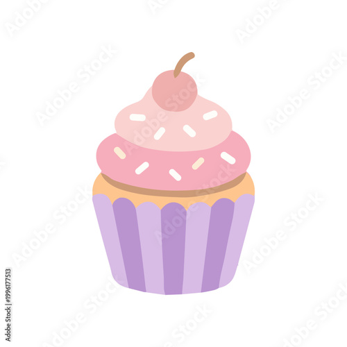 Colorful cupcake with pink frosting topping.