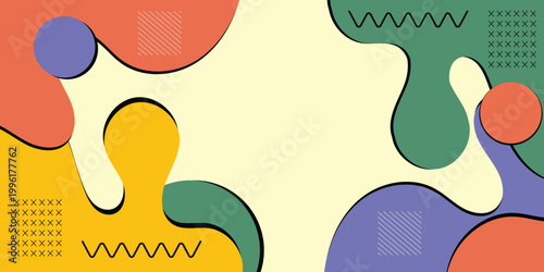 Retro Memphis Abstract Background with Organic Shapes and Minimal Geometric Elements, Colorful 90s Style Decorative Pattern Vector Illustration