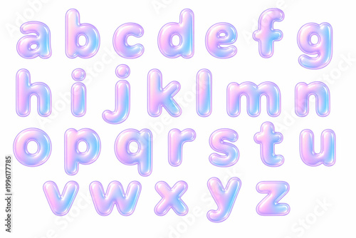 Pastel Bubble Alphabet Set A–Z – Glossy 3D Iridescent Letters on White Background