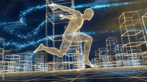 Wireframe figure sprinting across digital cityscape. Futuristic runner leaping through grid structures. Cyber animation sequence showing dynamic urban motion.