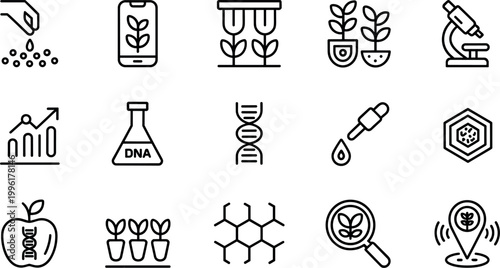Agricultural Biotechnology and Plant Science Line Icon Set with DNA, Crop Growth, Laboratory Research, Genetic Engineering and Sustainable Farming Symbols Vector Illustration