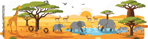 African Savanna Wildlife Scene with Elephants Giraffe Zebra and Acacia Trees Vector Illustration