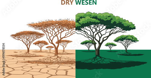 Illustration of Drought and Greenery: Dry and Lush Acacia Trees for Environmental and Nature Awareness