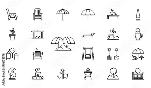 Outdoor patio and garden furniture icon vector set with terrace backyard and summer symbols