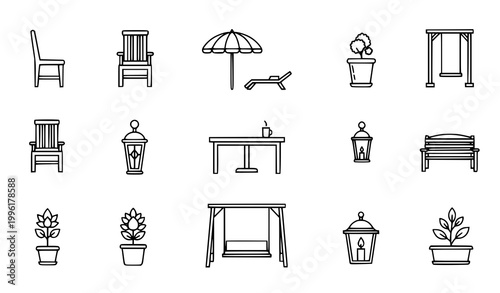 Minimal garden furniture infographic icon vector set with patio terrace and outdoor elements