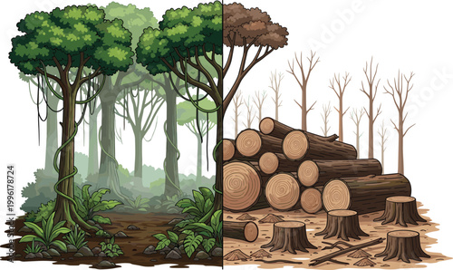 Vector Illustration of Deforestation Process Showing Trees, Logging, and Wood Piles for Environmental, Nature, and Eco-friendly Designs