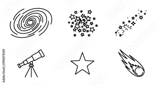 Astronomy line art icons set with stars and telescope