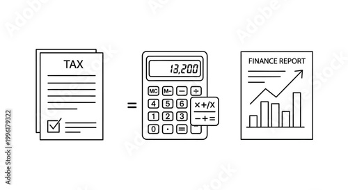 Accounting line icons including calculator tax forms and finance report