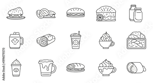 Black and white food and drink line icons set