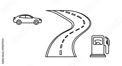 Car driving on winding road toward a fuel pump