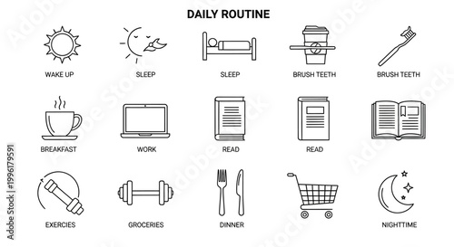 Daily routine line icons set for schedule and lifestyle planning
