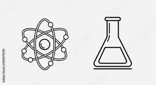 Atomic structure and laboratory flask icons representing science.