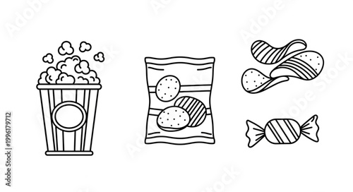 Illustration of popcorn bag chips and candy icons.