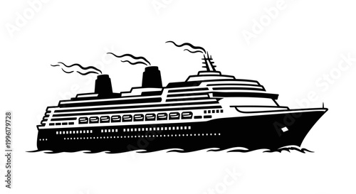 Black and white illustration of a large cruise ship