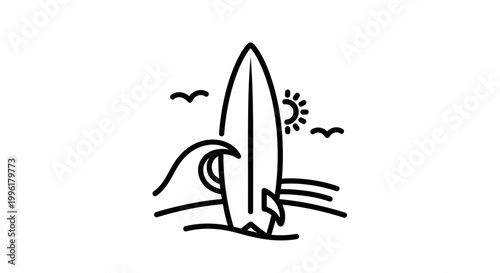 A black line drawing of a surfboard on a wave with sun and birds