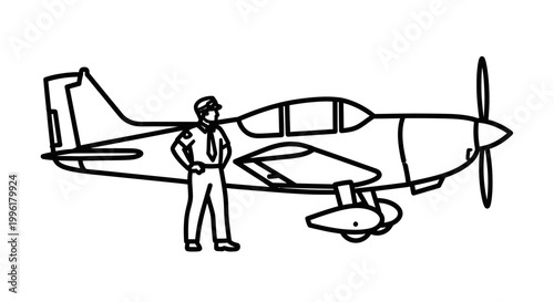 A pilot standing confidently beside a vintage airplane