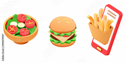 Isometric illustration of a burger salad and fries with a phone