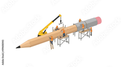 Workers construct giant pencil with eraser on scaffolding using crane