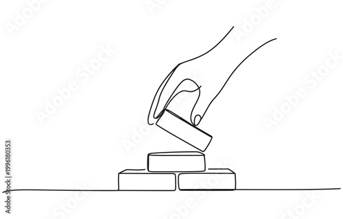 One line continuous building house Hand arranging bricks.