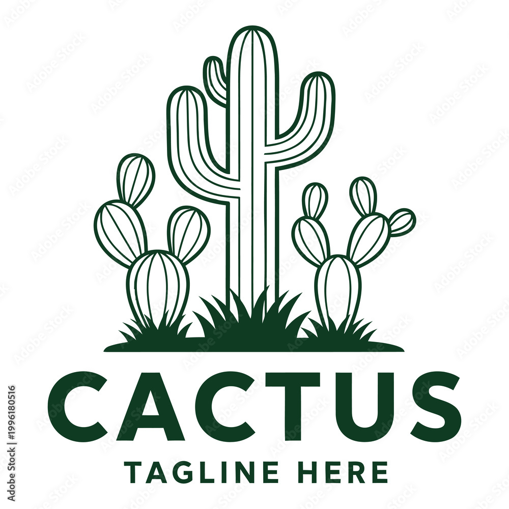 Fototapeta premium Cactus plants and grass on desert landscape with tagline template icon