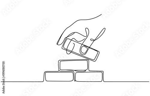 One line continuous building house Hand arranging bricks.