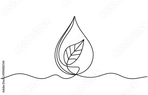 Clear water drop with leaf inside continuous one line drawing, Water drops with leaves inside outline icon.