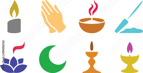 A collection of symbolic religious and spiritual icons representing light prayer and cultural elements vector design