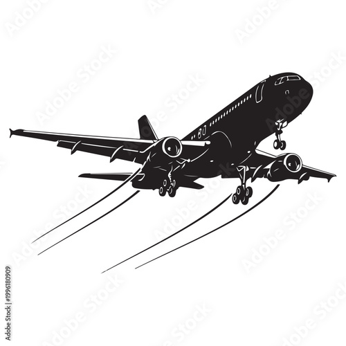 Black and white vector illustration of a commercial jet airplane taking off isolated on white background