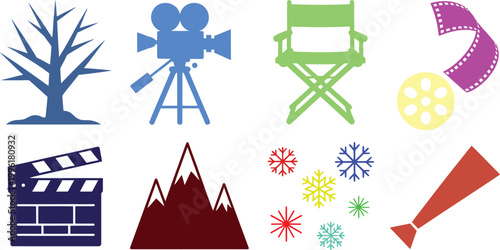 Collection of diverse flat graphic icons representing cinema nature weather and events isolated on transparent background vector design