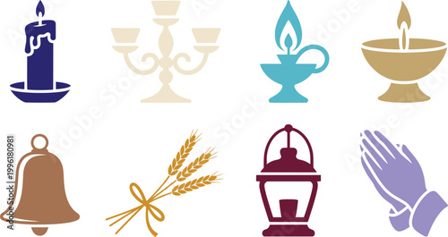 Collection of diverse religious and symbolic icons including a candle candelabra oil lamp bell wheat prayer hands and lantern isolated on transparent background vector design