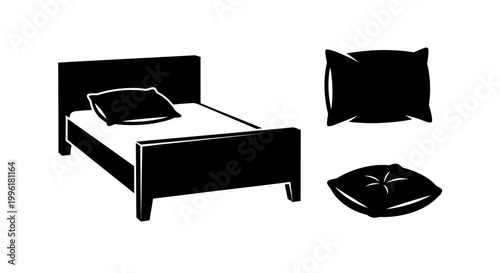 Minimalist black bed and pillow silhouettes on white background